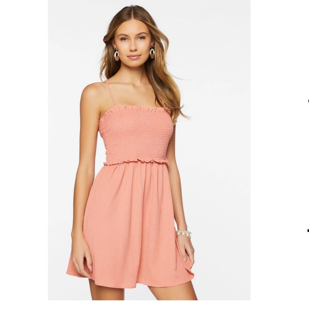 Forever 21 Cut Out Mini Dress Swim Cover-up Peach Coral Smocked Back Sz L